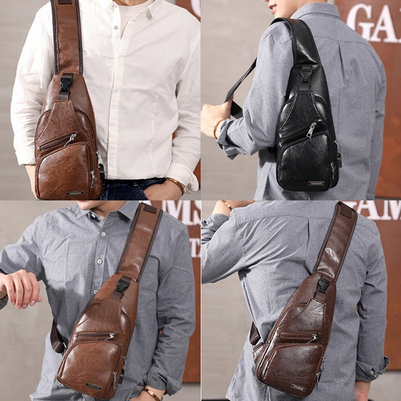 sac de poitrine pour hommes, à bandoulière personnalisé en PVC PU, chargement USB