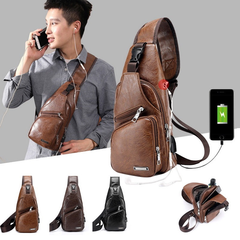 sac de poitrine pour hommes, à bandoulière personnalisé en PVC PU, chargement USB