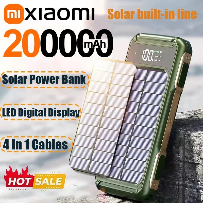 Xiaomi Solar Power Bank 200000mAh Large Capacity 4 In 1 Built in Cable Fastcharge Mobile Power Battery LED Light iPhone Samsung