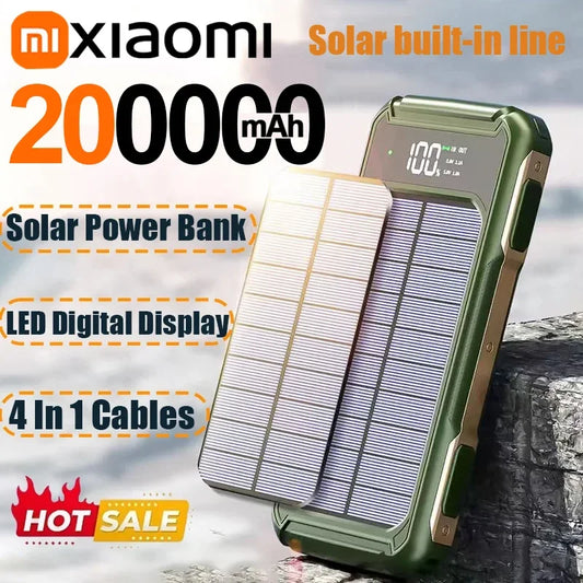Xiaomi Solar Power Bank 200000mAh Large Capacity 4 In 1 Built in Cable Fastcharge Mobile Power Battery LED Light iPhone Samsung